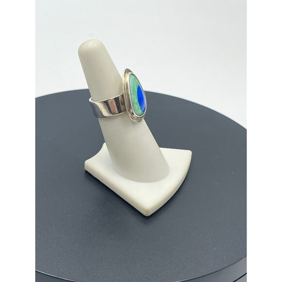 Vintage Sterling Silver 925
Azurite Malachite Teardrop
Ring Sz 6 Wide Band 8.6g - Picture 6 of 10